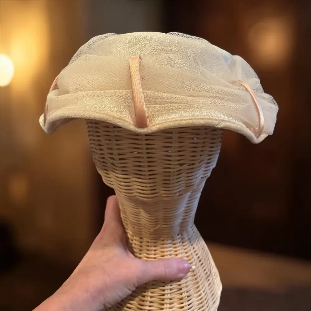 Ivory Tulle Picture Hat Blush Ribbon Tea Party Church Derby Fascinator VTG